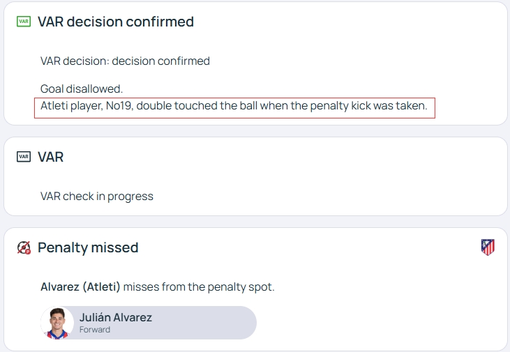 官方明確！歐冠官網(wǎng)：阿爾瓦雷斯罰點(diǎn)時2次觸球，VAR決定進(jìn)球無效